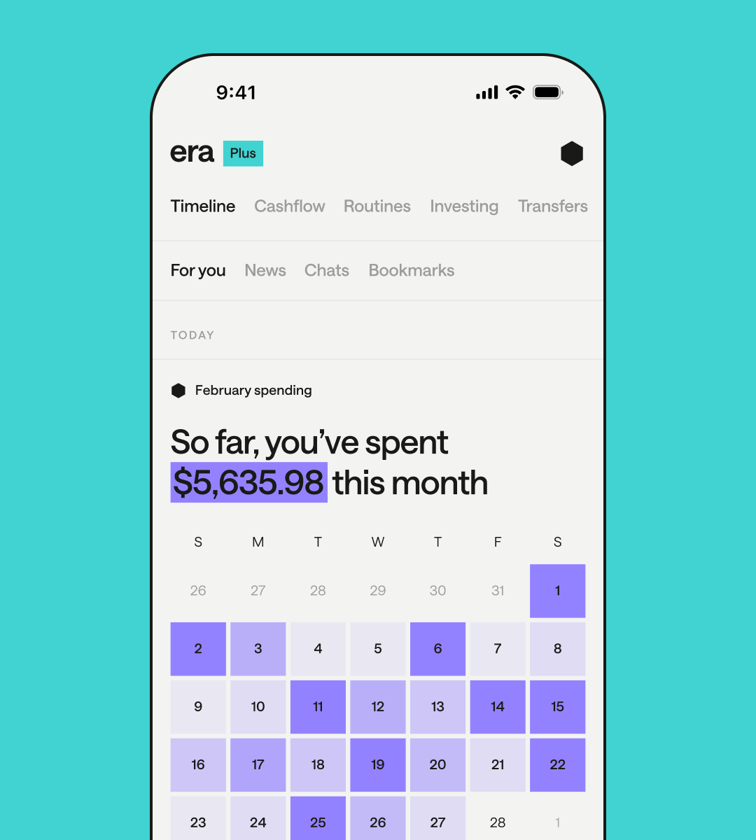 A financial tracking screen in the banking app shows a spending summary for February. A large bold text displays, “So far, you’ve spent $5,635.98 this month.” Below, a calendar view highlights daily spending activity with various shades of purple indicating different spending levels. The navigation bar at the top includes sections like “Timeline,” “Cashflow,” “Routines,” and “Investing.” The “Plus” label suggests a premium version of the app.